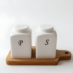 White Ceramic 'P' & 'S' Cup Set on Bamboo Paddle Board