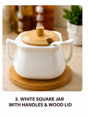 Premium White Ceramic Sugar Pot with Bamboo Lid, Spoon & Side Handles