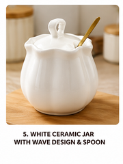 Elegant White Ceramic Wave Design Sugar Pot with Lid & Spoon
