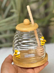 Glass Honey Jar with Bee Decoration & Wooden Dipper