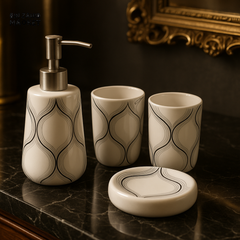 LUXURY CERAMIC BATHROOM ACCESSORY SET โ 4 PIECE DESIGNER SOAP DISPENSER, TUMBLERS & DISH