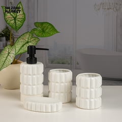 LUXURY CERAMIC BATHROOM ACCESSORY SET โ SOAP DISPENSER TUMBLER TOOTHBRUSH HOLDER & TRAY - WHITE