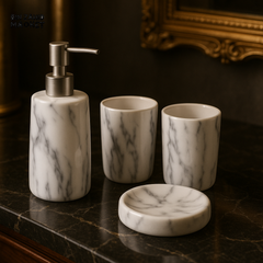 MARBLE CERAMIC BATHROOM ACCESSORY SET โ 4 PIECE LUXURY SOAP DISPENSER, TUMBLERS & TRAY