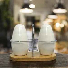White Egg-Shape Salt & Pepper Set with Bamboo Base