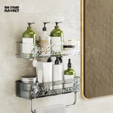 PUNCH-FREE WALL MOUNTED BATHROOM STORAGE RACK PACK OF 2 โ TRANSPARENT TOILETRIES & MAKEUP ORGANIZER TRAY