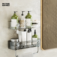 PUNCH-FREE WALL MOUNTED BATHROOM STORAGE RACK PACK OF 2 โ TRANSPARENT TOILETRIES & MAKEUP ORGANIZER TRAY