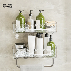 PUNCH-FREE WALL MOUNTED BATHROOM STORAGE RACK PACK OF 2 โ TRANSPARENT TOILETRIES & MAKEUP ORGANIZER TRAY