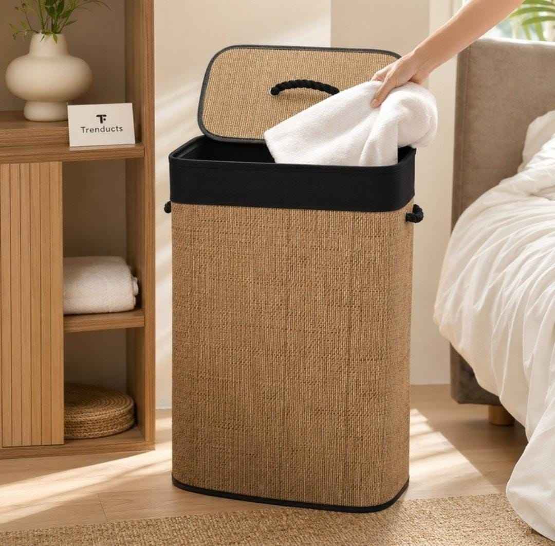 Luxury Foldable Bamboo Laundry Basket with Lid & Handles | Premium Woven Clothes Storage Hamper