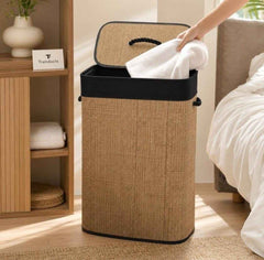 Luxury Foldable Bamboo Laundry Basket with Lid & Handles | Premium Woven Clothes Storage Hamper