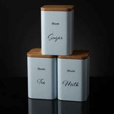 Tea Milk Sugar Steel White Coating Airtght Jar With Wooden Lid Made In India 3Pcs Set