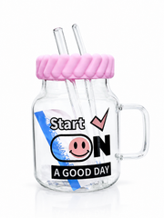 Cute Silicone Lid Glass Mason Jar Mug with 2 Glass Straws –Black.Brown.Grey.Pink No Colour Choice