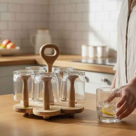 Wooden Glass Stand With Wood Handle And Wood Base