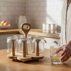Wooden Glass Stand With Wood Handle And Wood Base