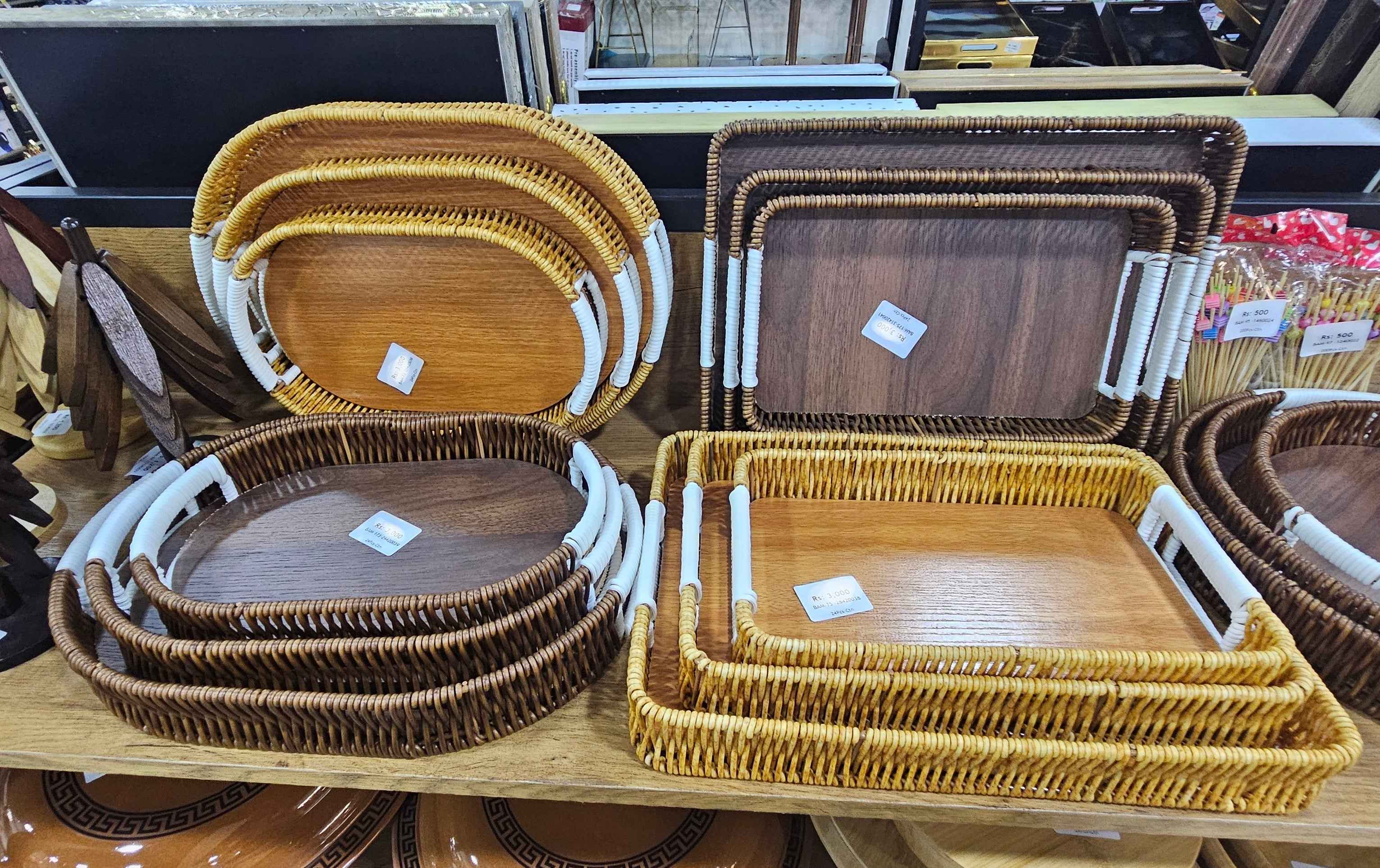 Decorative Wicker Storage Trays with Wooden Base, Set of 3, White Handles