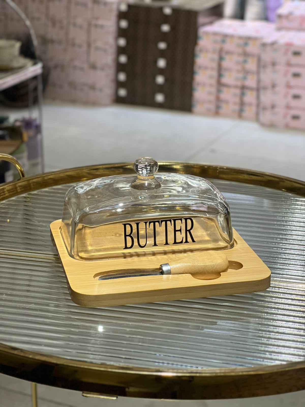 Glass Butter Dish With Wood Base