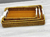Decorative Wicker Storage Trays with Wooden Base, Set of 3, White Handles