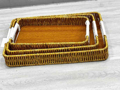 Decorative Wicker Storage Trays with Wooden Base, Set of 3, White Handles