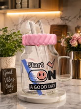 Cute Silicone Lid Glass Mason Jar Mug with 2 Glass Straws –Black.Brown.Grey.Pink No Colour Choice