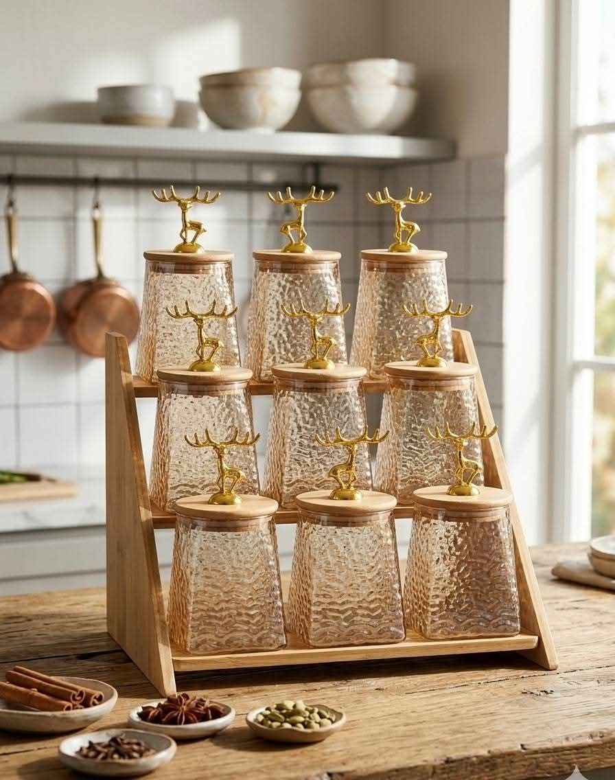Luxury Deer Top Bamboo Stand with Glass Spice Jars Set