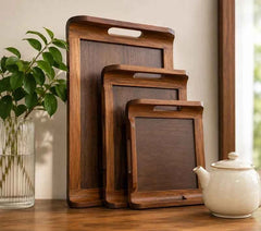 3Pcs Wooden Serving Tray Set with Handle, Multipurpose Wooden Serving Tray Set, Bamboo Style Wooden Serving Tray, Kitchen Serving Tray Set