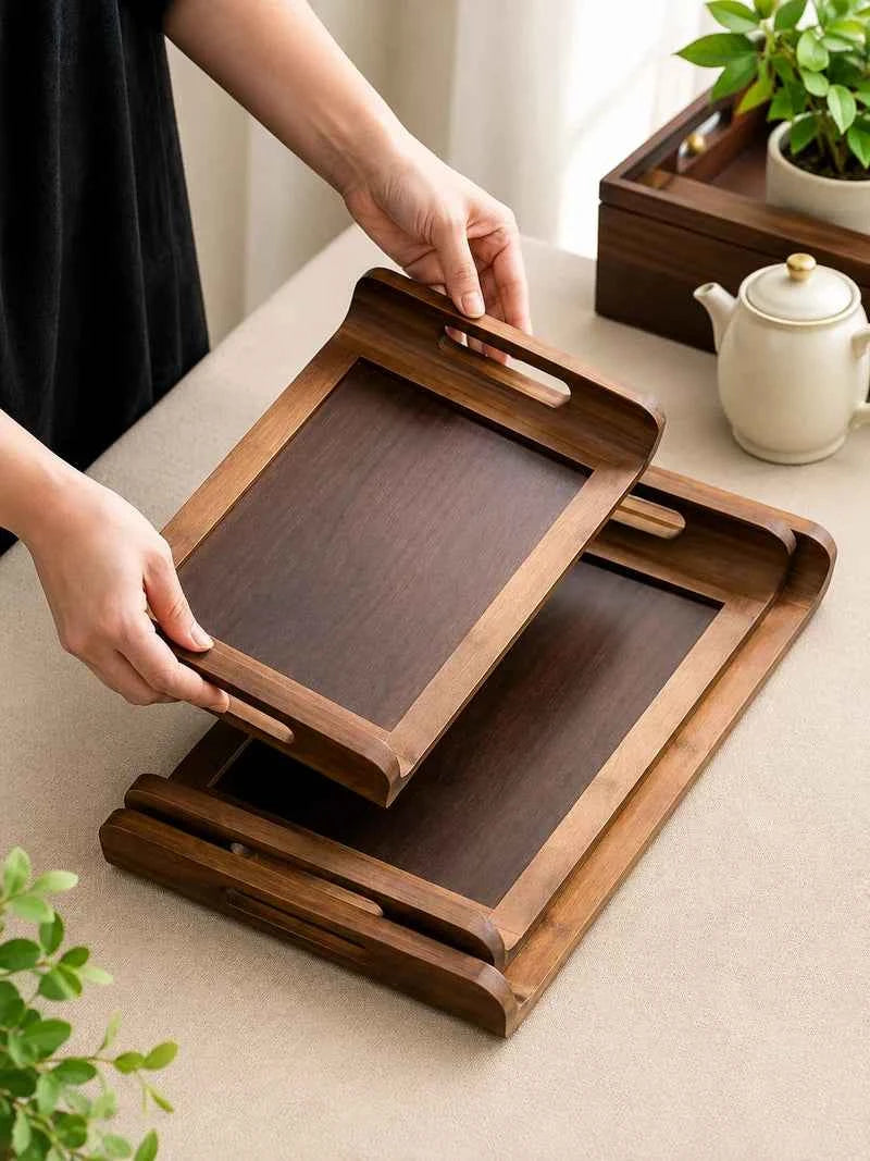 3Pcs Wooden Serving Tray Set with Handle, Multipurpose Wooden Serving Tray Set, Bamboo Style Wooden Serving Tray, Kitchen Serving Tray Set
