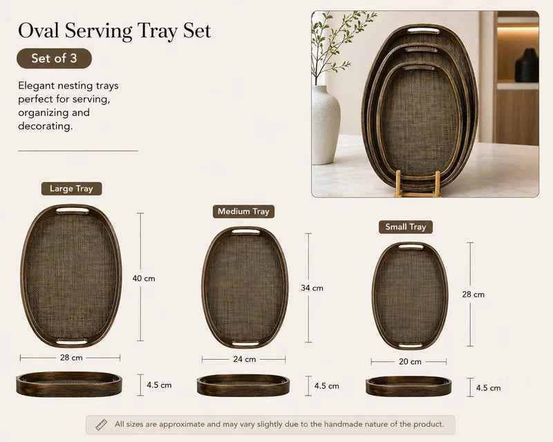 3pcs Classic Wooden Serving Tray Set, Handcrafted Style Woven Tray Set, Elegant Wooden Breakfast & Serving Trays