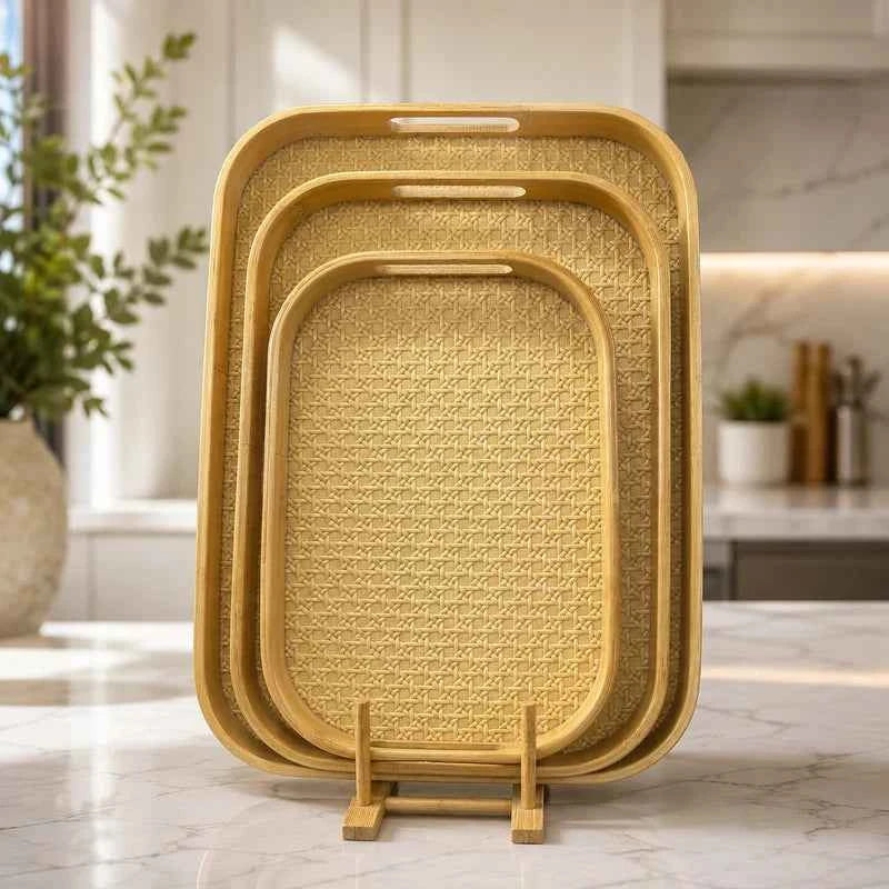 3pcs Bamboo Serving Tray Set, Bamboo Serving & Display Tray Set, Woven Design Bamboo Serving Trays, Natural Bamboo Breakfast & Serving Tray Set