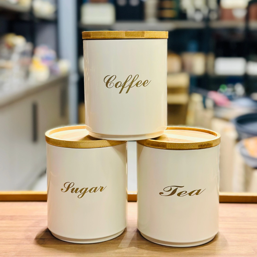 3-Piece Premium Metal Tea, Coffee & Sugar Storage Canister Set with Bamboo Lids – Available in White & Black