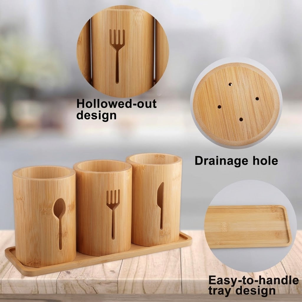 Bamboo 3-Cylinder Cutlery Holder with Tray
