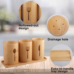Bamboo 3-Cylinder Cutlery Holder with Tray