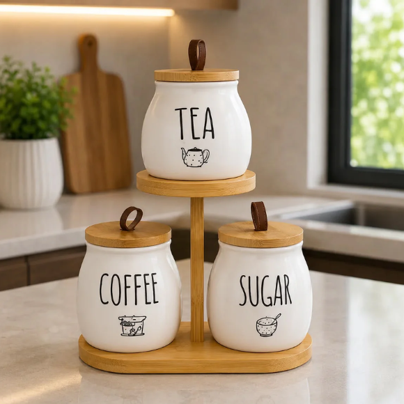 3-Piece Ceramic Tea, Coffee & Sugar Storage Canister Set with Bamboo Stand & Airtight Lids