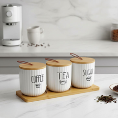 3-Piece Porcelain Canister Set With Wooden Lids Tray And Spoon