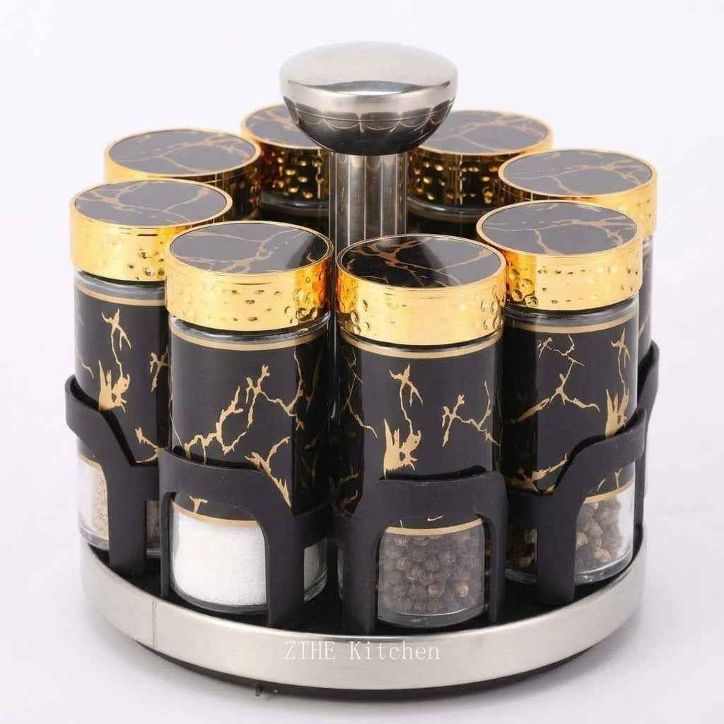 Rotating 8-Jar Spice Rack (Black/Gold Marble)