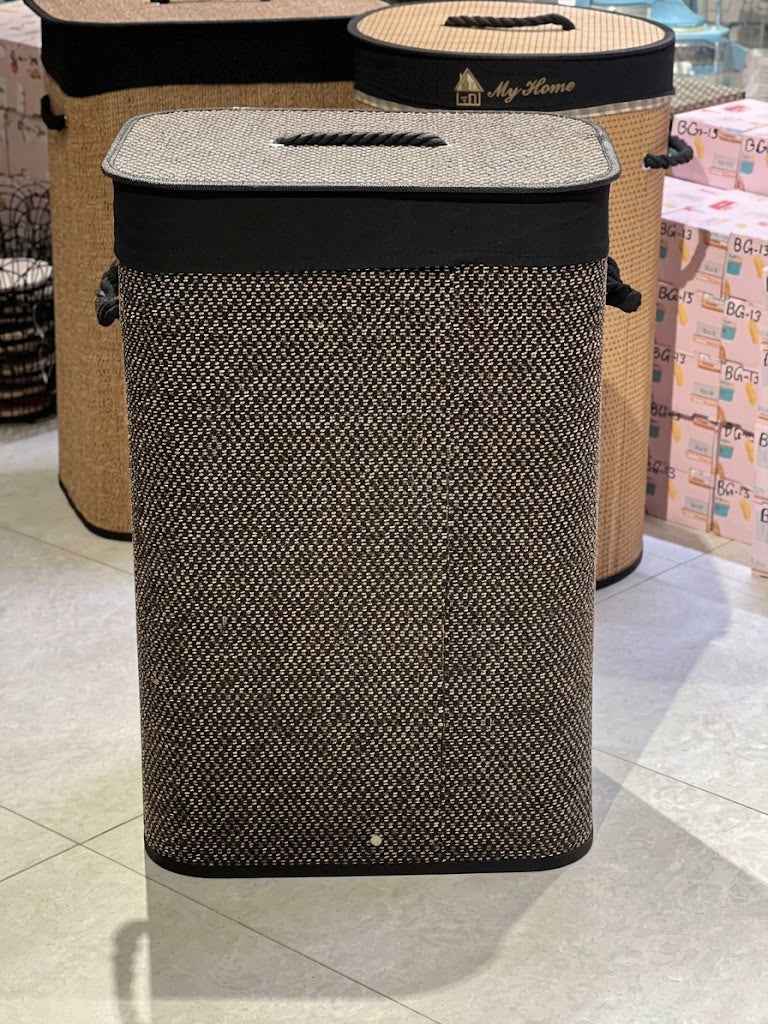 Woven Fabric Rectangular Laundry Basket with Lid and Rope Handles