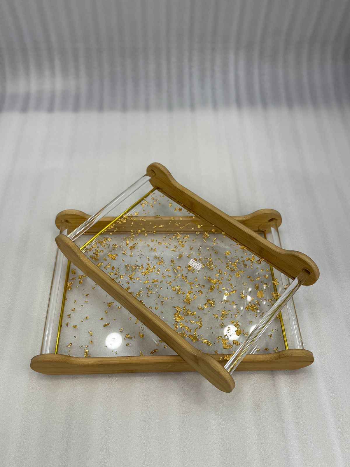 2-Pce Clear Acrylic Serving Tray Set with Gold Flakes & Bamboo Handles
