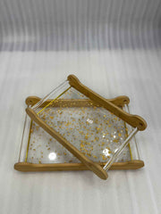 2-Pce Clear Acrylic Serving Tray Set with Gold Flakes & Bamboo Handles