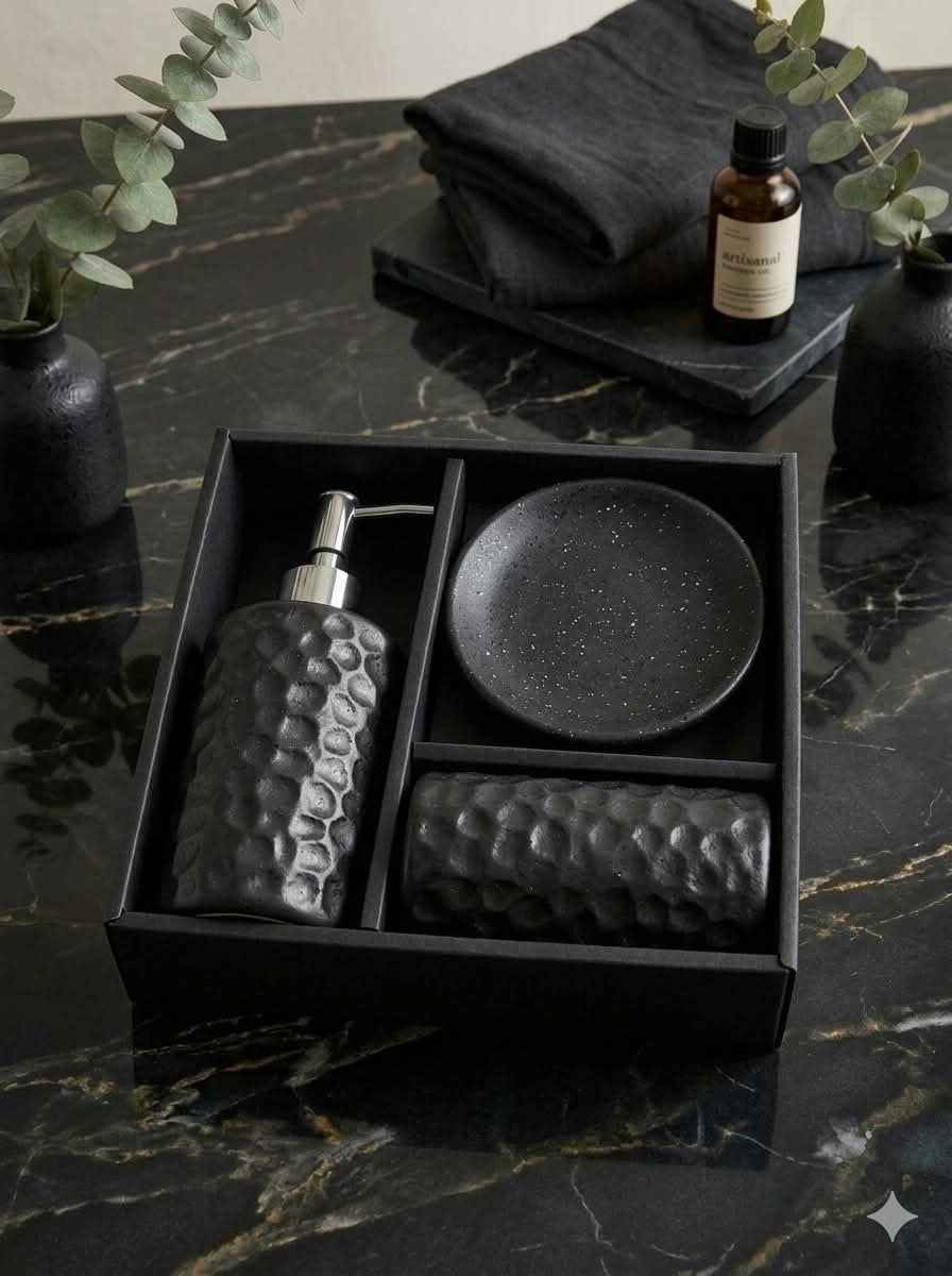 Textured Bathroom Accessory Set (Black)