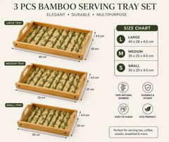 3Pcs Bamboo Serving Trays with Handles, Multipurpose Bamboo Serving Tray Set, Classic Bamboo Tray Collection, Bamboo Kitchen & Serving Tray Set