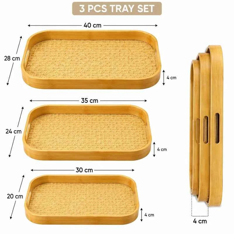 3pcs Bamboo Serving Tray Set, Bamboo Serving & Display Tray Set, Woven Design Bamboo Serving Trays, Natural Bamboo Breakfast & Serving Tray Set