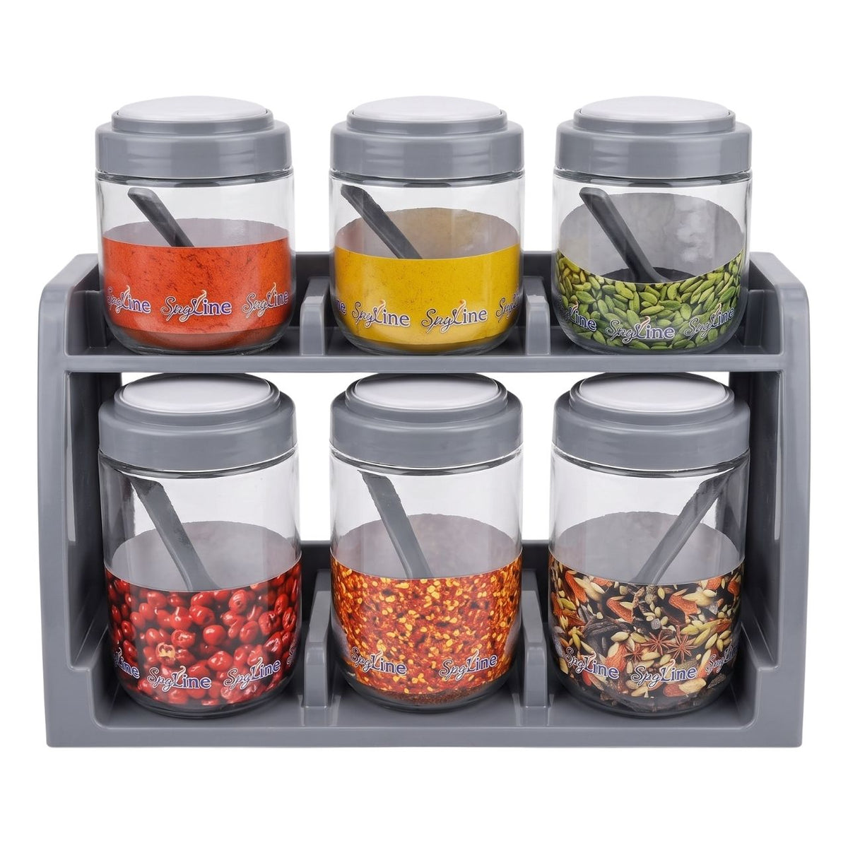 SpicyLine Glass Spice Jars with Spoons on Storage Rack (6pc)