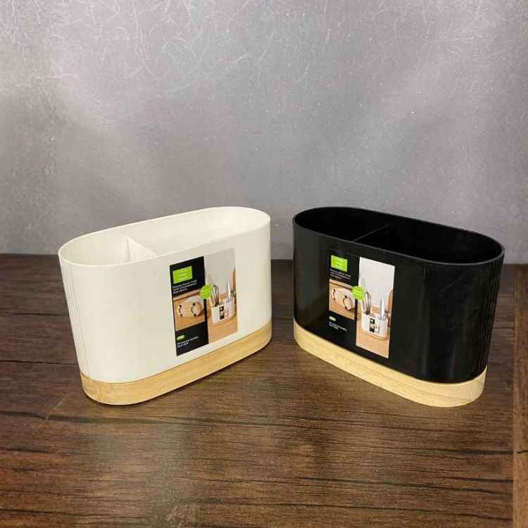 Kitchen Utensils Holder With Wooden Base-White