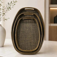3pcs Classic Wooden Serving Tray Set, Handcrafted Style Woven Tray Set, Elegant Wooden Breakfast & Serving Trays