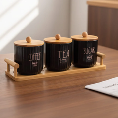 Premium 3-Piece Coffee, Tea & Sugar Jar Set with Wooden Tray