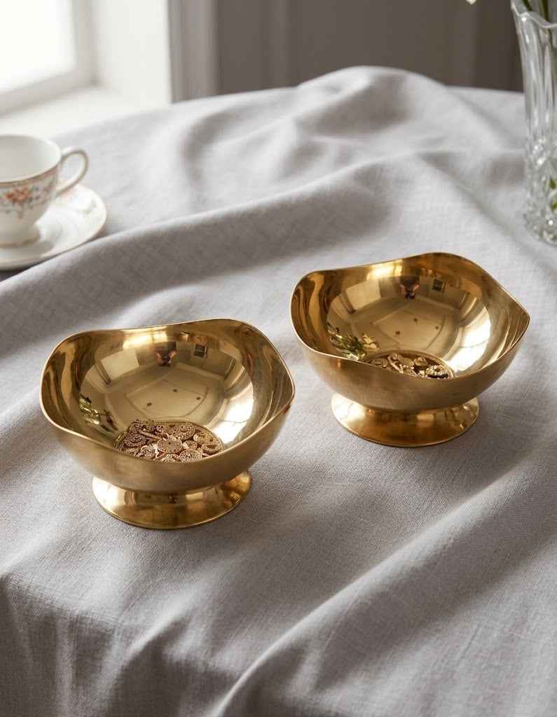 Brass Gold Wavy-Rim Pedestal Bowls Set of 2