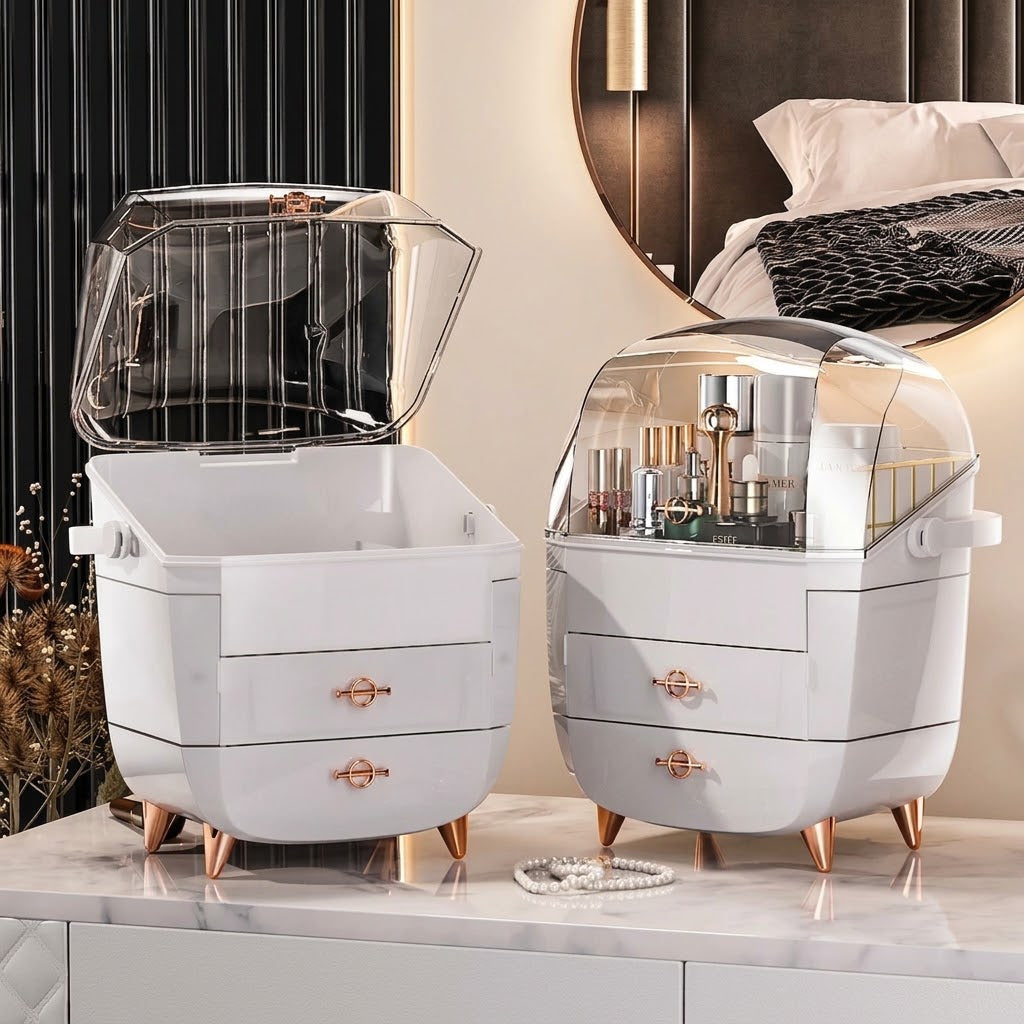 White Cosmetic Storage Box with Rose Gold Legs