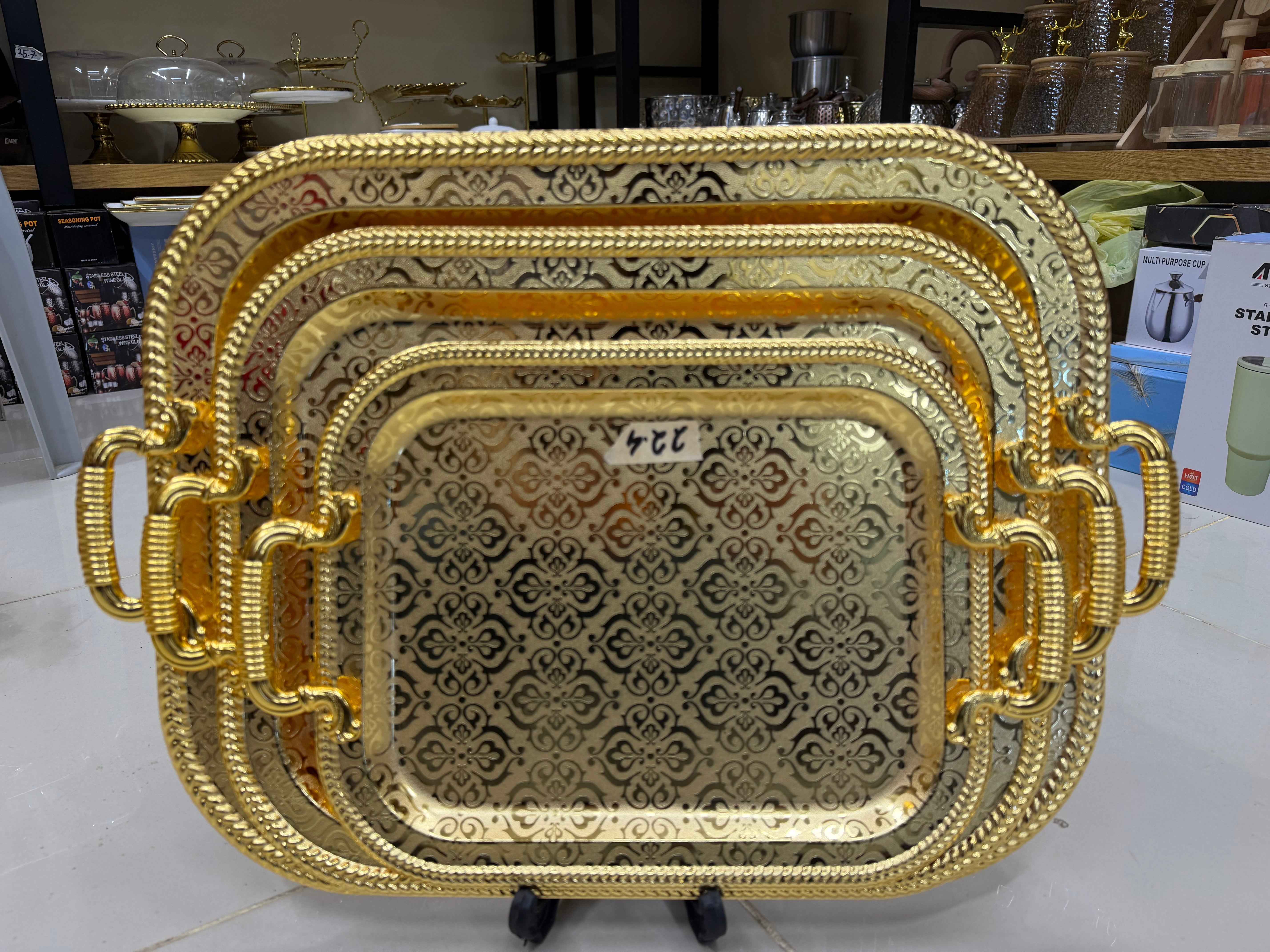 Royal Gold 3-Piece Stainless Steel Serving Tray Set (Premium 304 Grade)