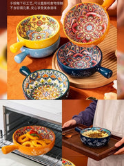 Bohemian Hand-Painted Ceramic Bowls with Handle - Set