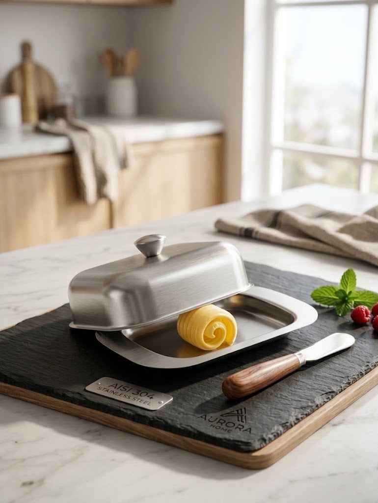 AISI 304 Stainless Steel Butter Dish with Lid and Spreader