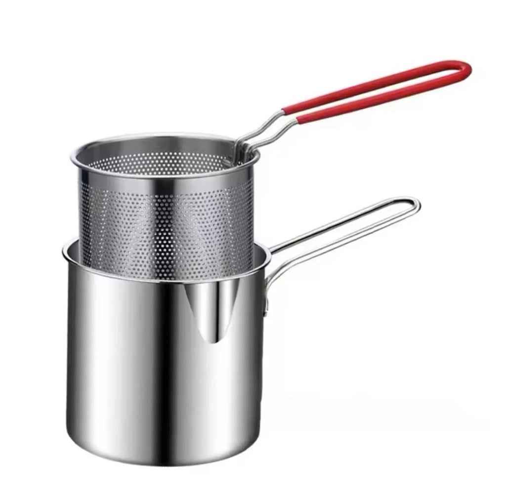 Stainless Steel Deep Fry Pot with Strainer Basket and Red Handle