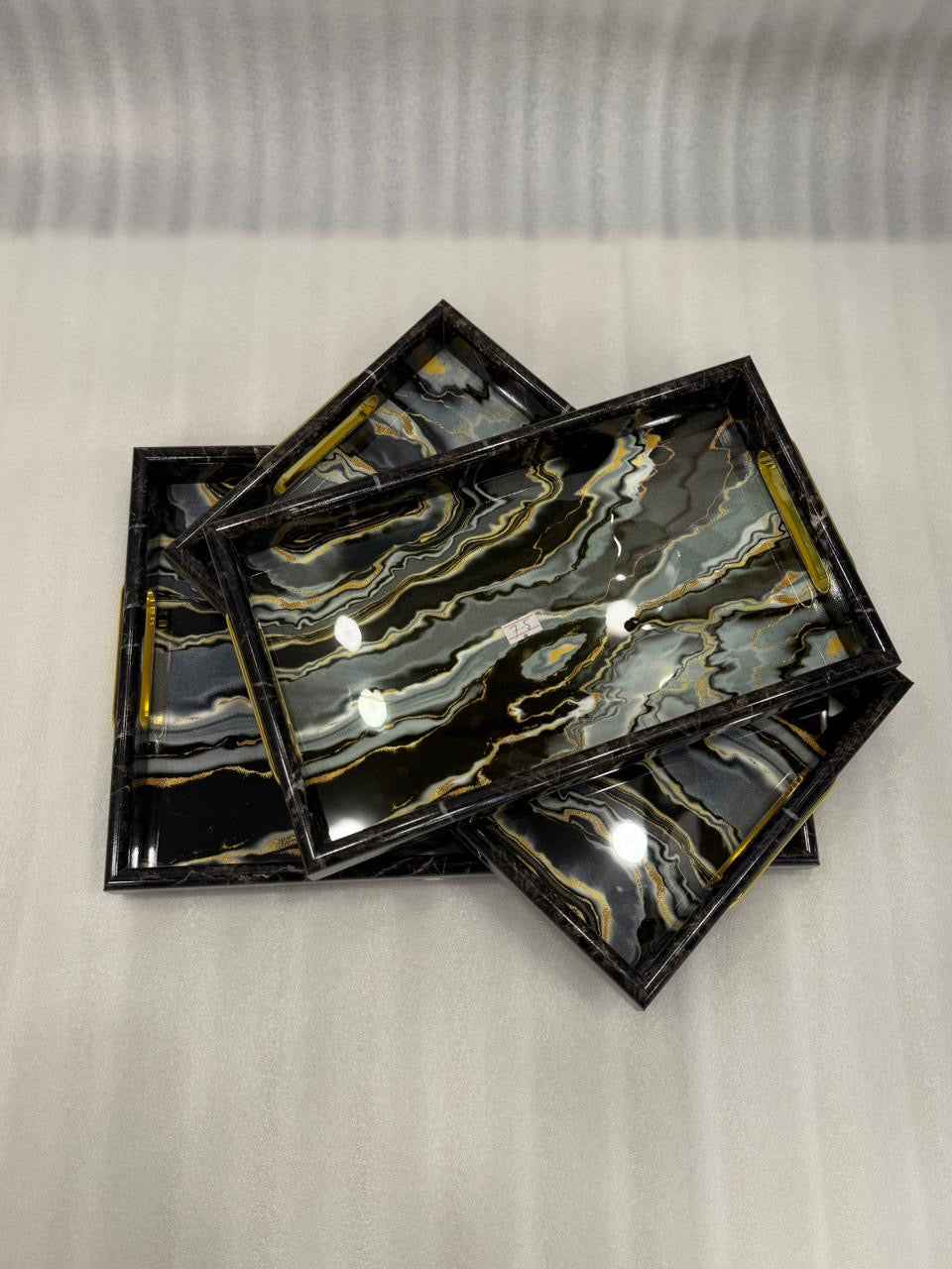 Luxury Black & Gold Marble Effect Serving Tray Set – 3 Pcs Nested Trays with Gold Handles